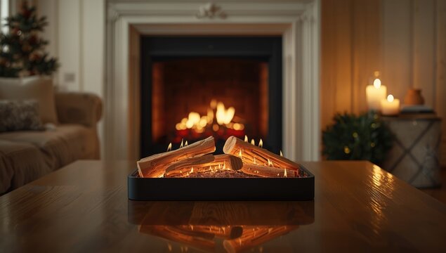 Electric firebox with ceramic wood logs, designed to produce authentic flickering light
