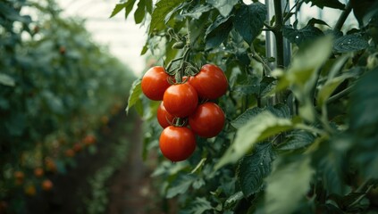 Cluster of ripe red plum tomatoes attached to green foliage, highlighting fresh harvest for cooking, National Agriculture Week