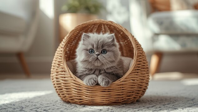 Scottish fold breed kitten emerging from a woven wicker container, highlighting pet confinement