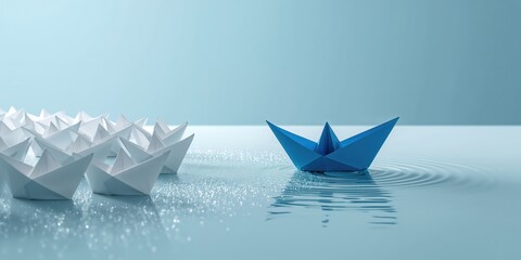 White paper boat with a blue flag acting as the leader among others, highlighting navigation and guidance, International Maritime Day