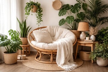 Boho chic living space featuring a rattan chair with soft white plaid and an arrangement of green indoor plants