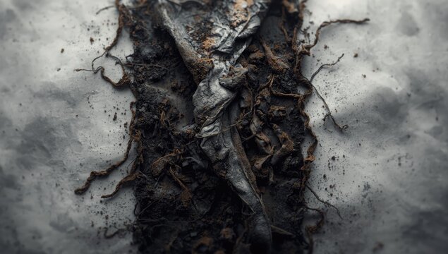 Faded black and white fabric with wrinkles and dirt on a gray background, highlighting decay and neglect