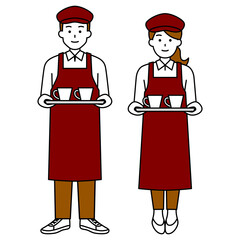 コーヒーを運ぶフェの男女の店員（全身）