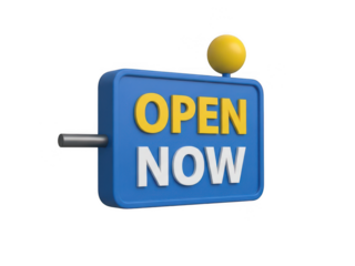 Blue open now sign with yellow ball isolated on transparent background