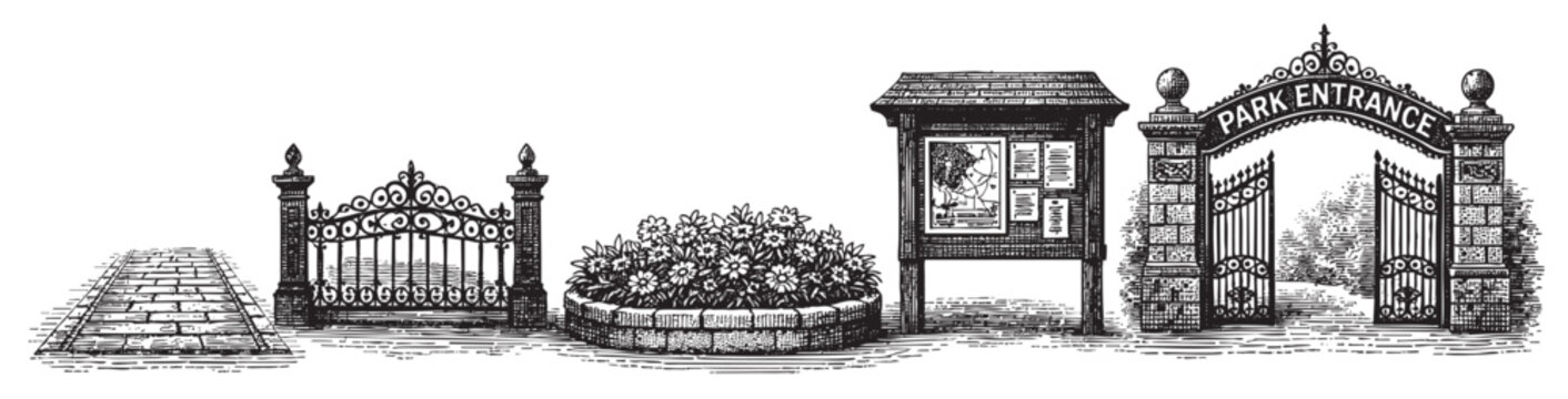 An artistic black and white illustration depicts a vintage park entrance featuring a stone pathway, ornate gate, flowerbed, and an information board under a grand archway.