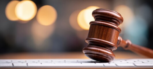 The Gavel Resting on a Keyboard Symbolizing Digital Justice and Online Court Decisions