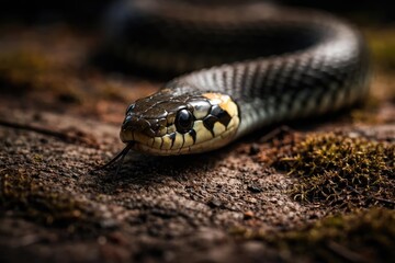 Fototapeta premium Close up photo showcasing a grass snake on a distinctive textured background