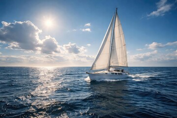 Obraz premium Sailboat cruising across endless ocean beneath clear blue sky and clouds