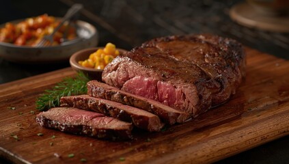 American-style dry aged flank steak sliced with relish on a serving board, highlighting meal presentation and culinary techniques