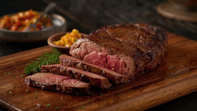 American-style dry aged flank steak sliced with relish on a serving board, highlighting meal presentation and culinary techniques