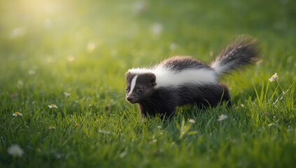 Naklejka premium Striped skunk exploring moist grass in early spring, highlighting wildlife activity in the morning light