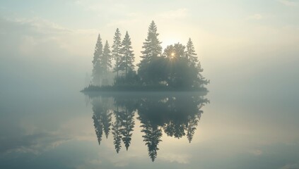 Lake mirror image of shrubs and pine trees with fog at sunrise, natural preservation