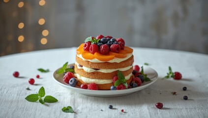 Brightly decorated cake with multiple flavors on plain white background, highlighting festive dessert appeal