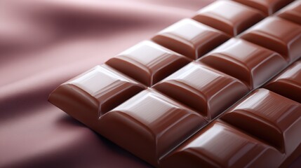 Naklejka premium Smooth chocolate bar resting on luxurious fabric, showcasing rich texture and glossy surface, perfect for indulgent moments and culinary inspiration with copy space