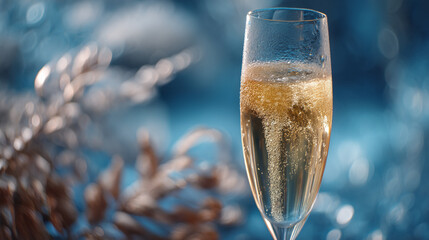 Single Champagne Glass with Bubbles on Blue Bokeh Background