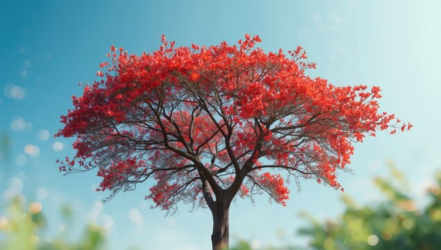 Bright vermillion bougainvillea flowers on a tree with a blue sky background, highlighting plant biodiversity, Earth Day