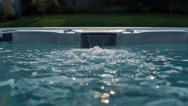 Close-up of hot tub jacuzzi fountain and skimmer in a contemporary backyard, focusing on spa system upkeep