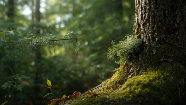 Usnea lichen attached to larch bark in a forest setting, illustrating ecological interactions and plant health