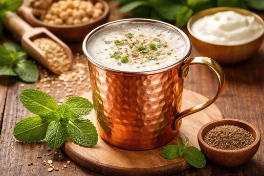 Healthy buttermilk served in shiny copper cup for protein boost