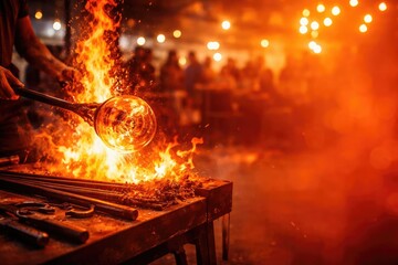 Expressive glass blowing event showing burning shapes and empty copy space in bright orange and red tones