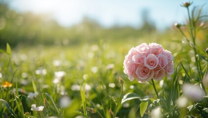 Small pink roses blooming in a lush green field under bright sunlight, ideal for website backgrounds