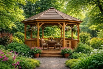 Wooden garden gazebo with pitched roof standing amidst vibrant green foliage