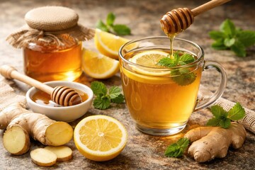 Inviting ginger tea with natural honey and lemon slice on textured table