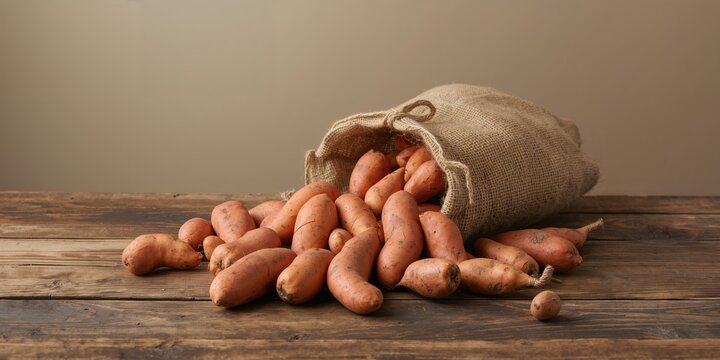 Raw sweet potatoes in a sack on a wooden table, natural food storage for healthy eating
