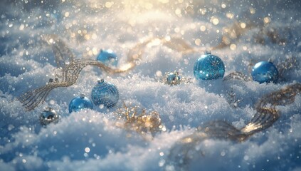 Festive greeting card decorated with ornamental ornaments on snow, seasonal observance