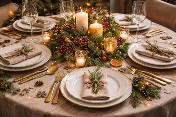 Fototapeta premium Holiday celebration table scene with empty plates, cutlery, and festive tree decor