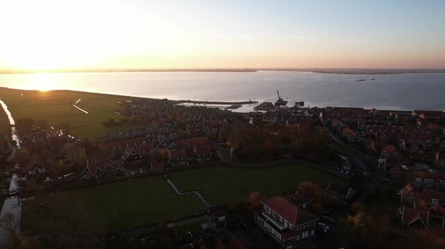 Drone view of colorful houses and harbor in Marken