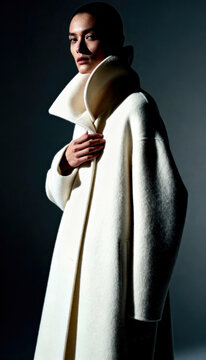 Woman wearing oversized white wool coat with high sculptural collar in studio
