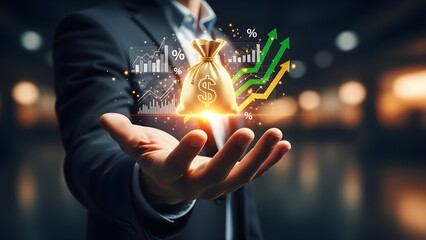 Businessman presenting financial growth with money bag and charts