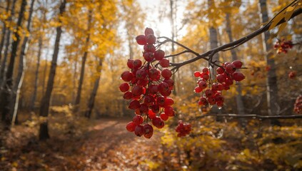 Clusters of rowan berries on a background of yellow aspen foliage, natural landscape, Earth Day