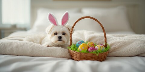 Small Maltese dog with festive Easter Bunny headwear beside painted eggs in basket on bed, holiday scene