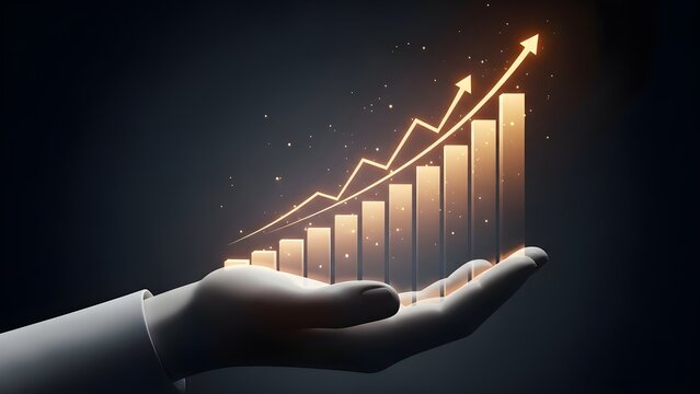 Business growth concept with hand holding glowing bar chart and rising arrows - Powered by Adobe