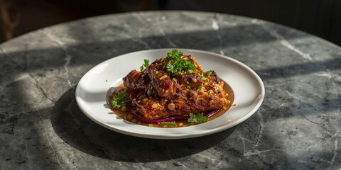 Grilled pork served with sweet sauce and vegetables on a white plate, ideal for culinary layout