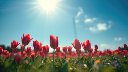 Field of vibrant red and purple tulips blooming in a sunny meadow, ideal for nature-themed layouts