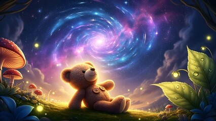 Adorable brown teddy bear sitting peacefully in a magical fantasy meadow beneath a brilliant swirling galaxy in the twilight sky