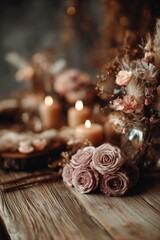 Fototapeta premium A warm still-life of pink roses and dried flowers in a vase, with glowing candles on a rustic wooden table. Concept Warm still-life, Pink roses in a vase, Dried flowers, Candlelight