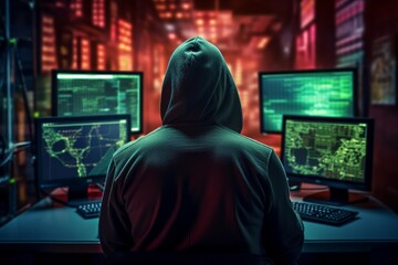 Person in a hoodie using multiple computer screens displaying code and connection maps