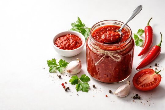 Spicy red adjika sauce presented with copy space on clean white surface top view