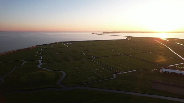 Smooth aerial movement above traditional Dutch village Marken