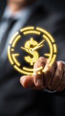A businessman interacts with a digital clock and dollar sign symbolizing the importance of time management and financial growth in today's fast-paced economy, emphasizing productivity and success.