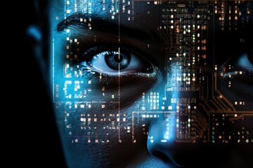 Human eye merging with circuit board and data creating a futuristic vision concept