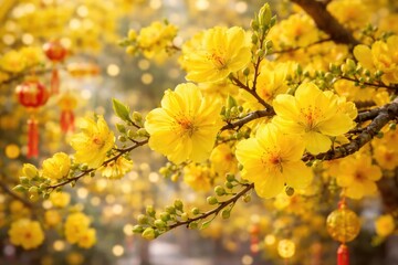 Yellow apricot blossoms in full bloom celebrating spring and fortune