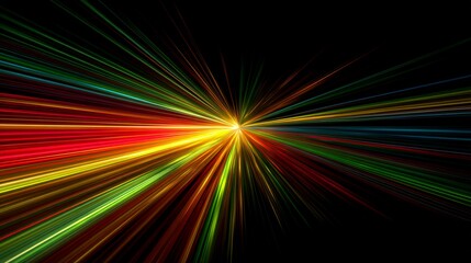 Captivating burst of colorful rays radiating from a central point, showcasing a mesmerizing blend of vibrant hues in an abstract style against a black background.