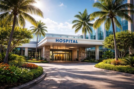 Hospital entryway with tropical palm trees under a sunny blue sky