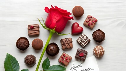 Assortment of gourmet chocolate truffles and squares arranged beautifully beside a single vibrant red rose on a light wooden surface for a romantic occasion.
