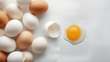 White and brown chicken eggs with a cracked shell on a plain background, highlighting food handling and storage